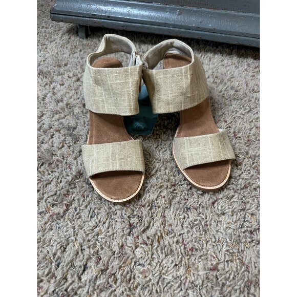 Toms Women’s Beige Linen Majorca Block Heel Sandals 8.5 Ankle Strap Casual NEW - Picture 1 of 10